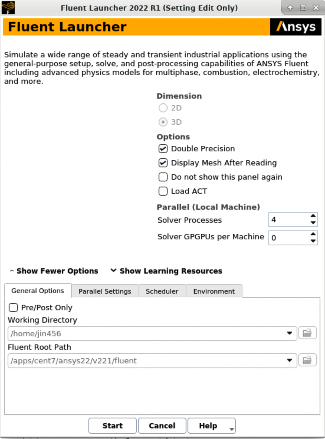Ansys Fluent Launcher options